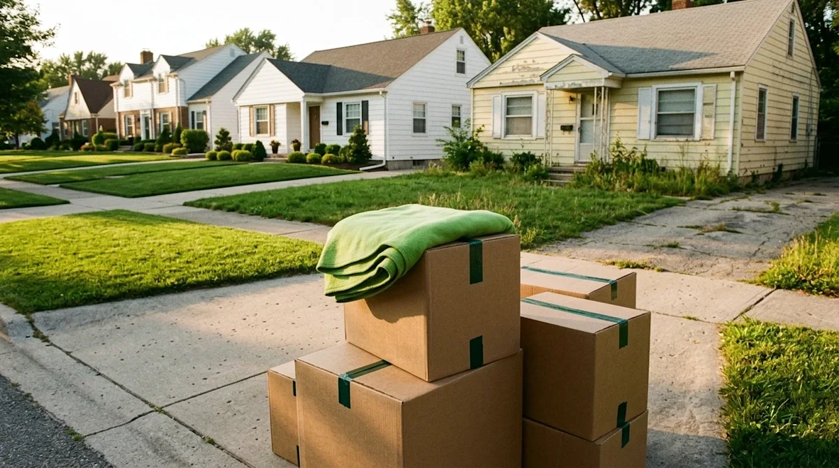 A 35mm film style photograph of a suburban street reflecting a neighborhood in transition. In the foreground, resting on a co