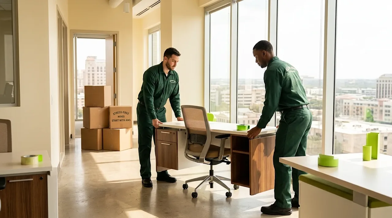 Clear, professional marketing photography of a seamless office move taking place in a bright, modern San Antonio corporate of