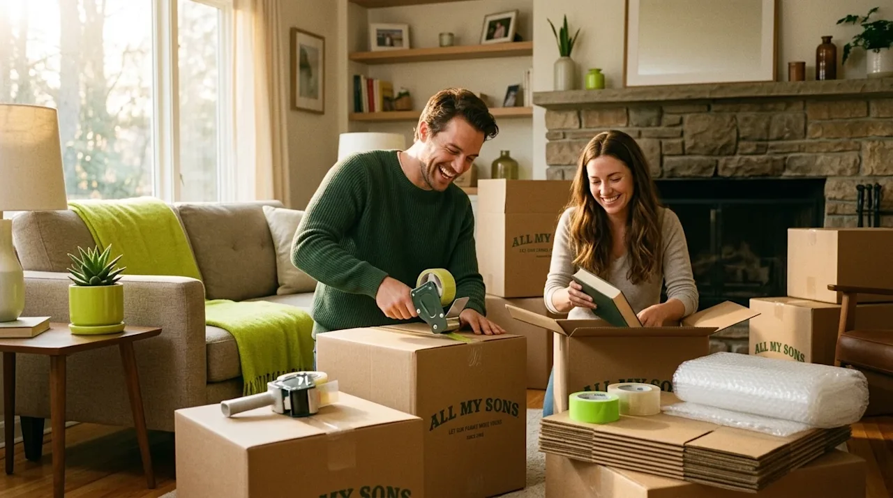 Candid lifestyle photography of a smiling couple packing and unpacking kraft brown moving boxes in a warm, sunlit living room