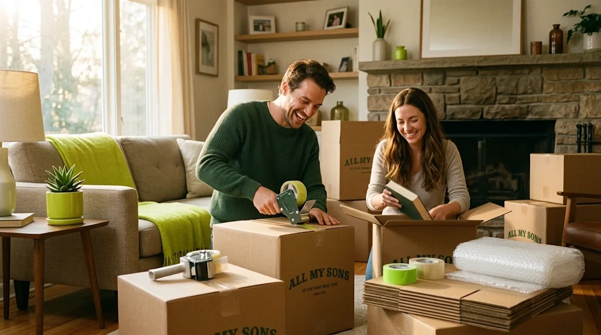 Candid lifestyle photography of a smiling couple packing and unpacking kraft brown moving boxes in a warm, sunlit living room