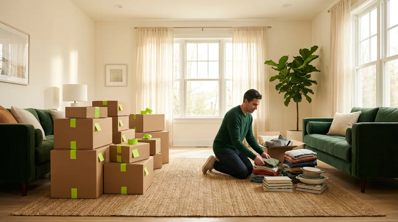 Homeowner decluttering and packing cardboard boxes in a bright modern living room for a professional home move.