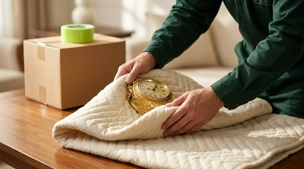 Professional marketing photography of a delicate, ornate vintage gold mantel clock being carefully wrapped in a thick, premium blanket.