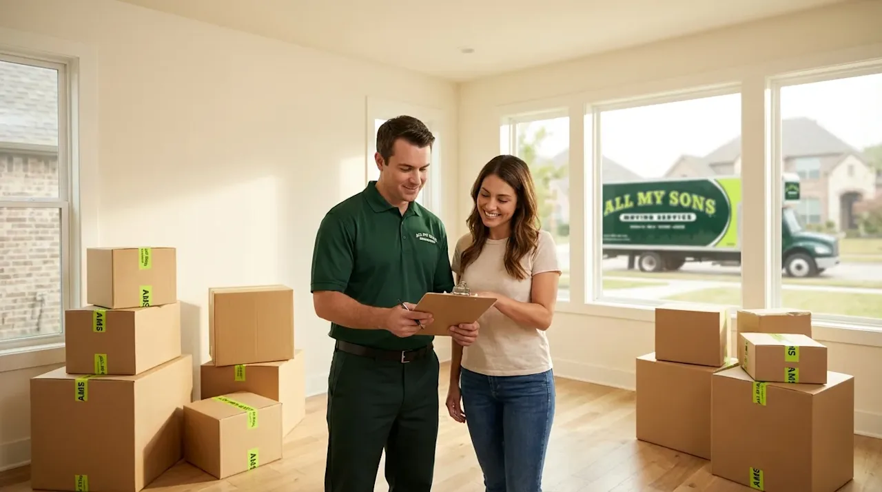Professional All My Sons mover consulting with homeowner in a sun-drenched living room filled with moving boxes.
