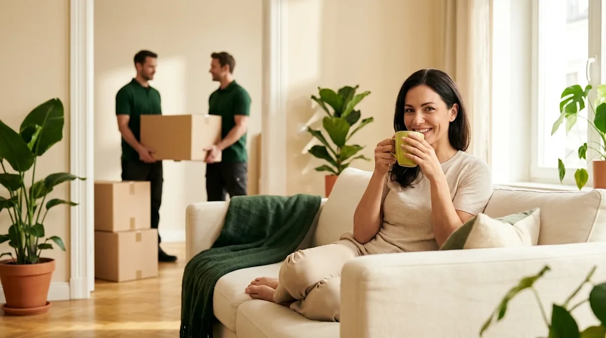 Clear, professional marketing lifestyle photography of a relaxed, smiling woman sitting comfortably on a stylish sofa in a br
