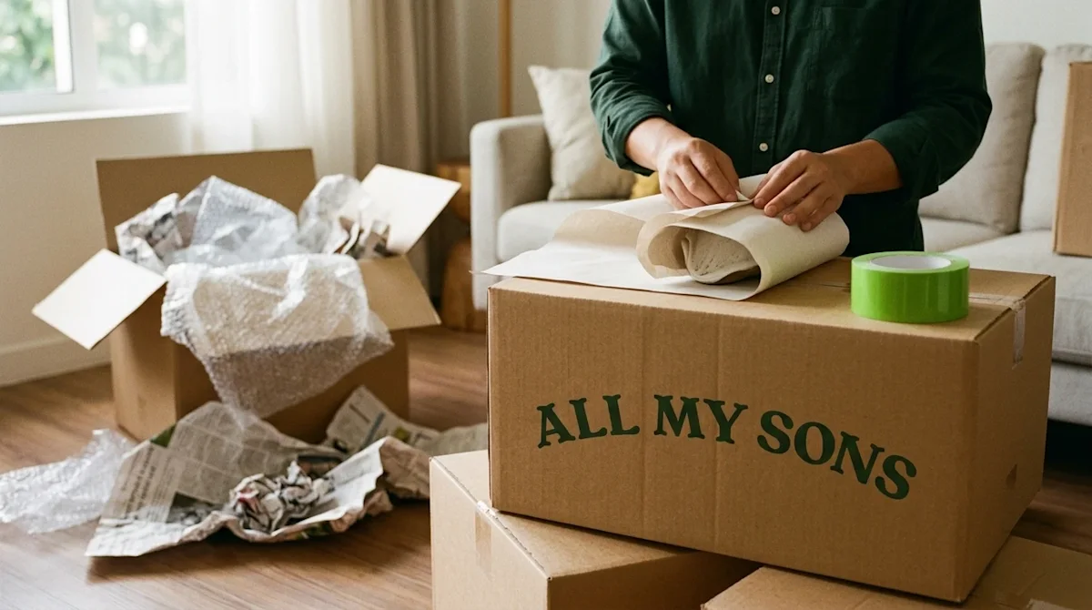 Authentic 35mm film photography, a cinematic and warm lifestyle shot illustrating the concept of professional packing service