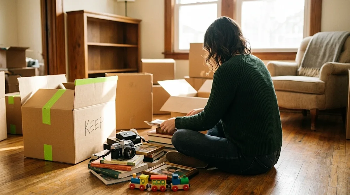 Candid 35mm film lifestyle photography of a person sitting on the floor of a warm, sunlit living room, actively decluttering