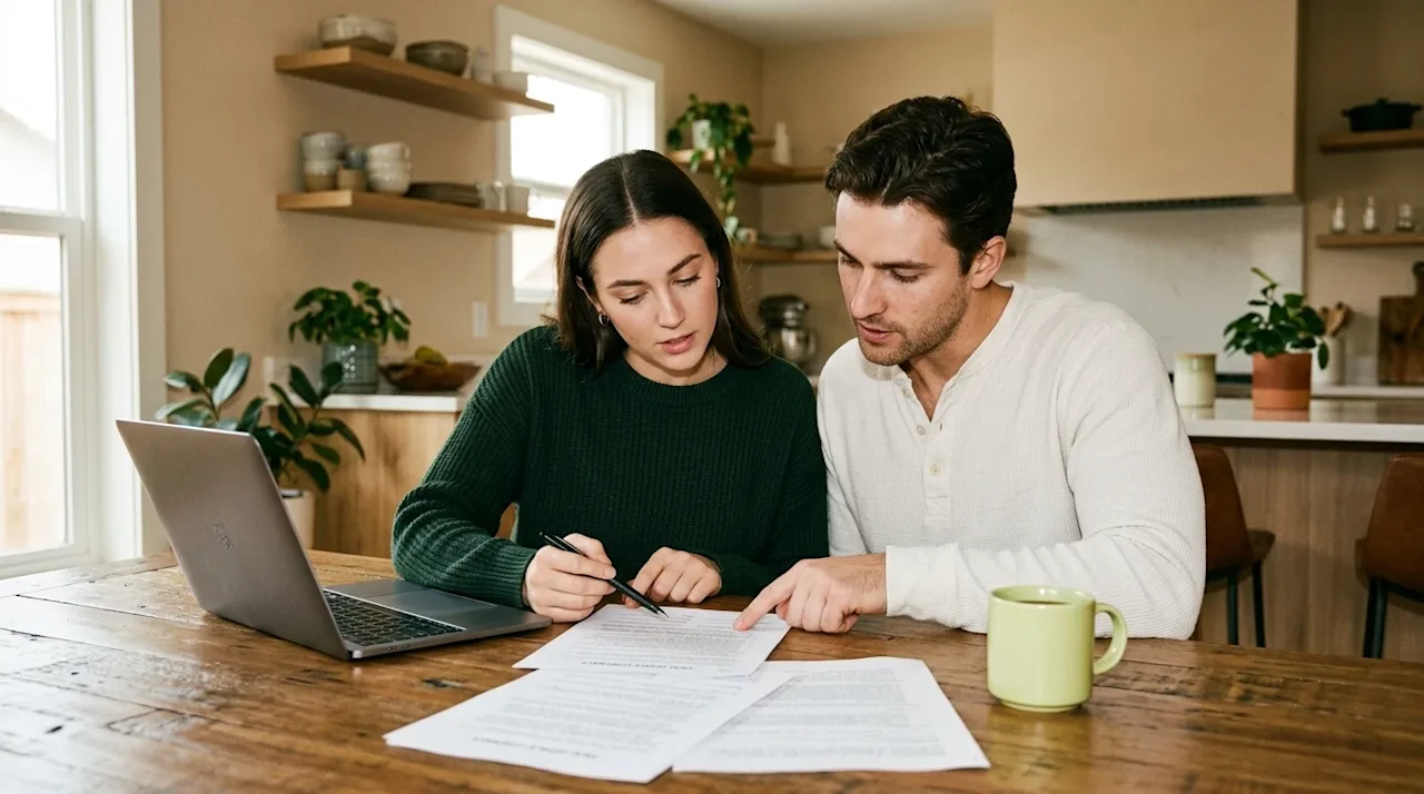 Candid lifestyle photography of a focused young couple sitting at a warm wooden dining table in a beautifully staged, sunlit