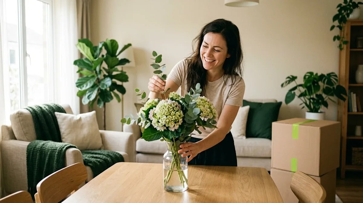 Candid lifestyle photography of a welcoming, freshly organized living room right after a move, ready for guests. A smiling ho