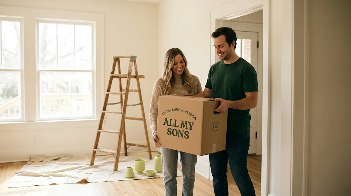 Professional lifestyle marketing photography of a warm, inviting residential living room being prepped for a home remodel. In