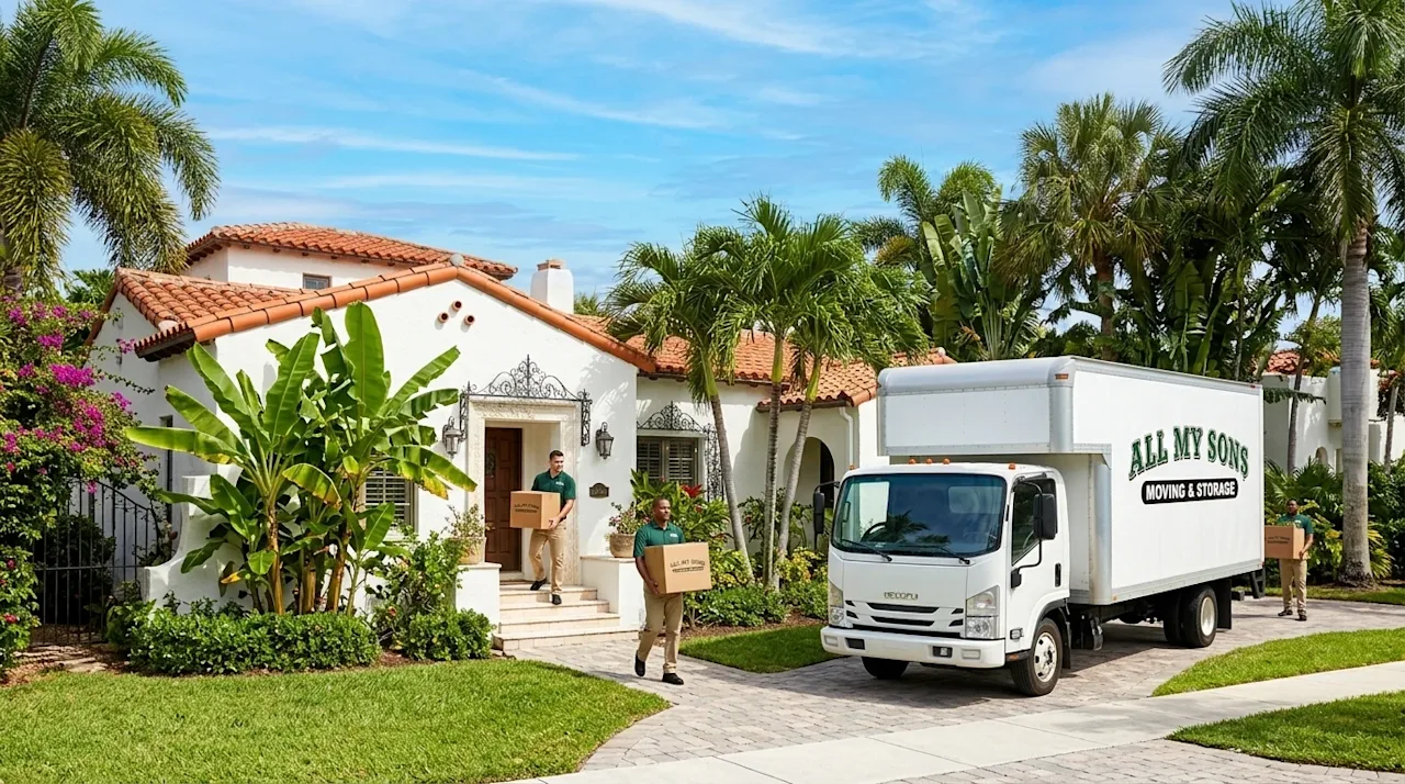 Professional commercial photography of a vibrant, sunny Miami residential neighborhood on a bright day. Lush green palm trees