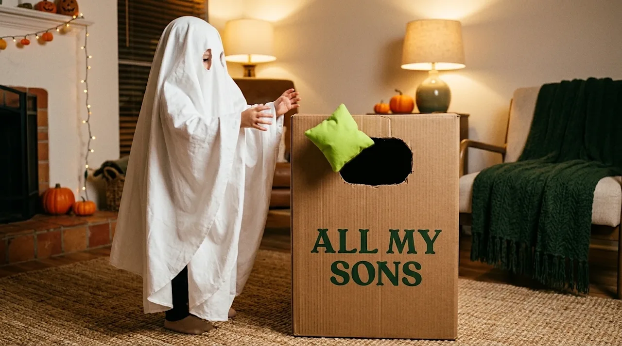 Professional marketing lifestyle photography, warm nostalgic 35mm film aesthetic. A cozy living room on Halloween evening wit