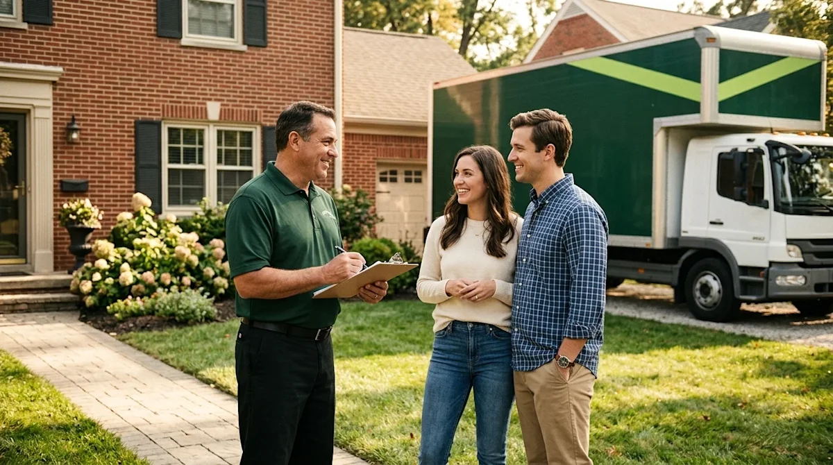 Candid lifestyle photography of a friendly, professional mover talking with a smiling young couple on the front lawn of a cla