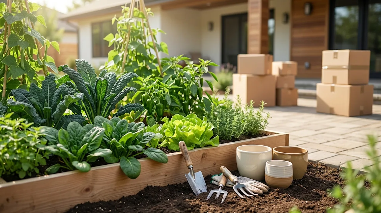 Vibrant backyard garden with vegetable beds and gardening tools, featuring moving boxes in the background of a new home.