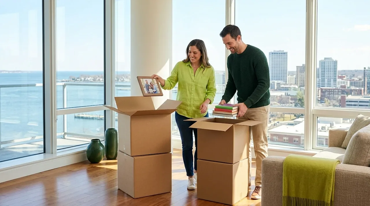 Clear, professional marketing photography of a happy couple unpacking in their spacious new apartment with a stunning view. L