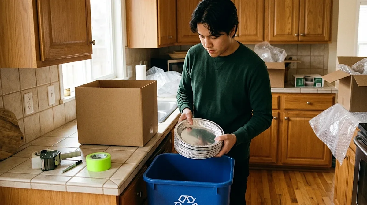 Candid 35mm film photography of a person packing up a warm, inviting cream-colored kitchen for a move. The person, wearing a