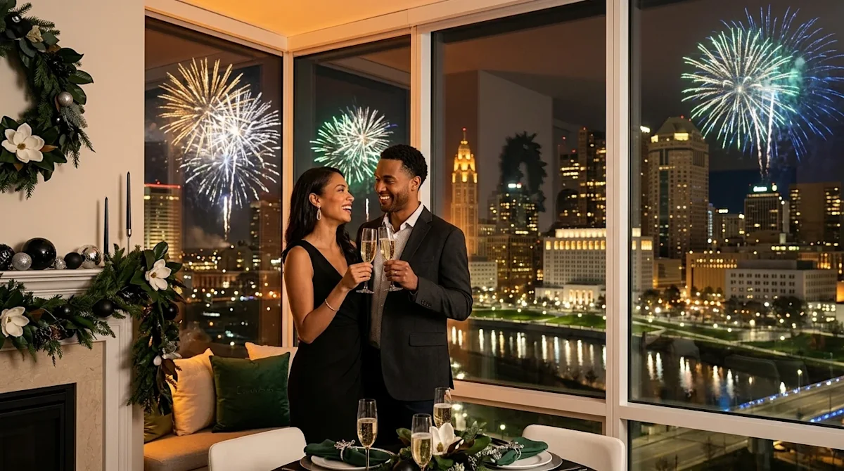 Professional lifestyle photography of a festive New Year's Eve celebration overlooking the downtown Columbus, Ohio skyline. A