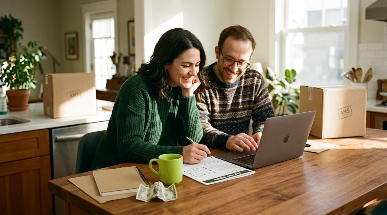 Clear, professional lifestyle marketing photography of a happy couple sitting at a wooden kitchen island in a bright, invitin