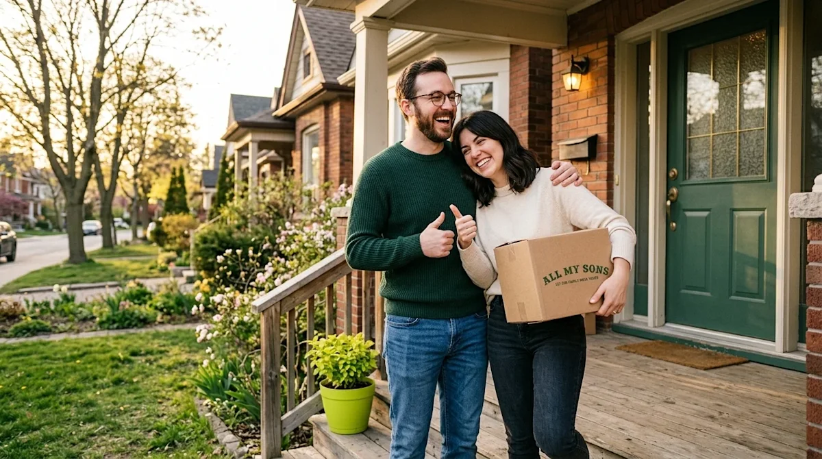 Professional marketing photography, candid lifestyle shot of a happy young couple standing on the front porch of a charming s