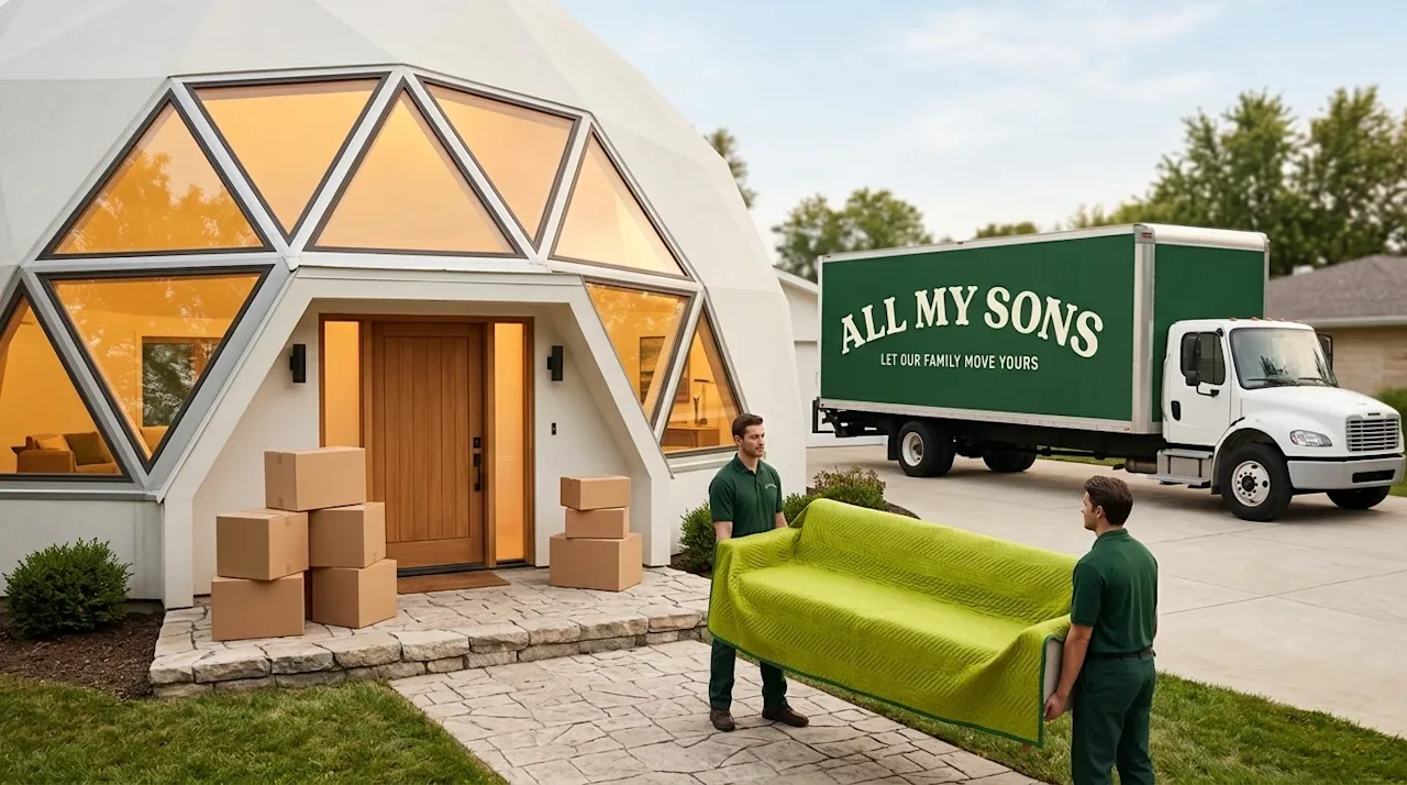 Professional marketing photography, wide-angle exterior shot of a remarkably strange and unique home—a striking modern geodes