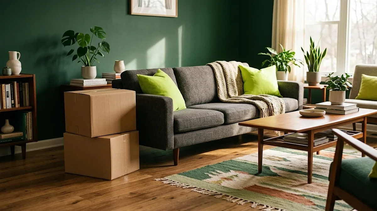 A highly detailed lifestyle photograph of a trendy, beautifully styled living room showcasing top interior design trends. The