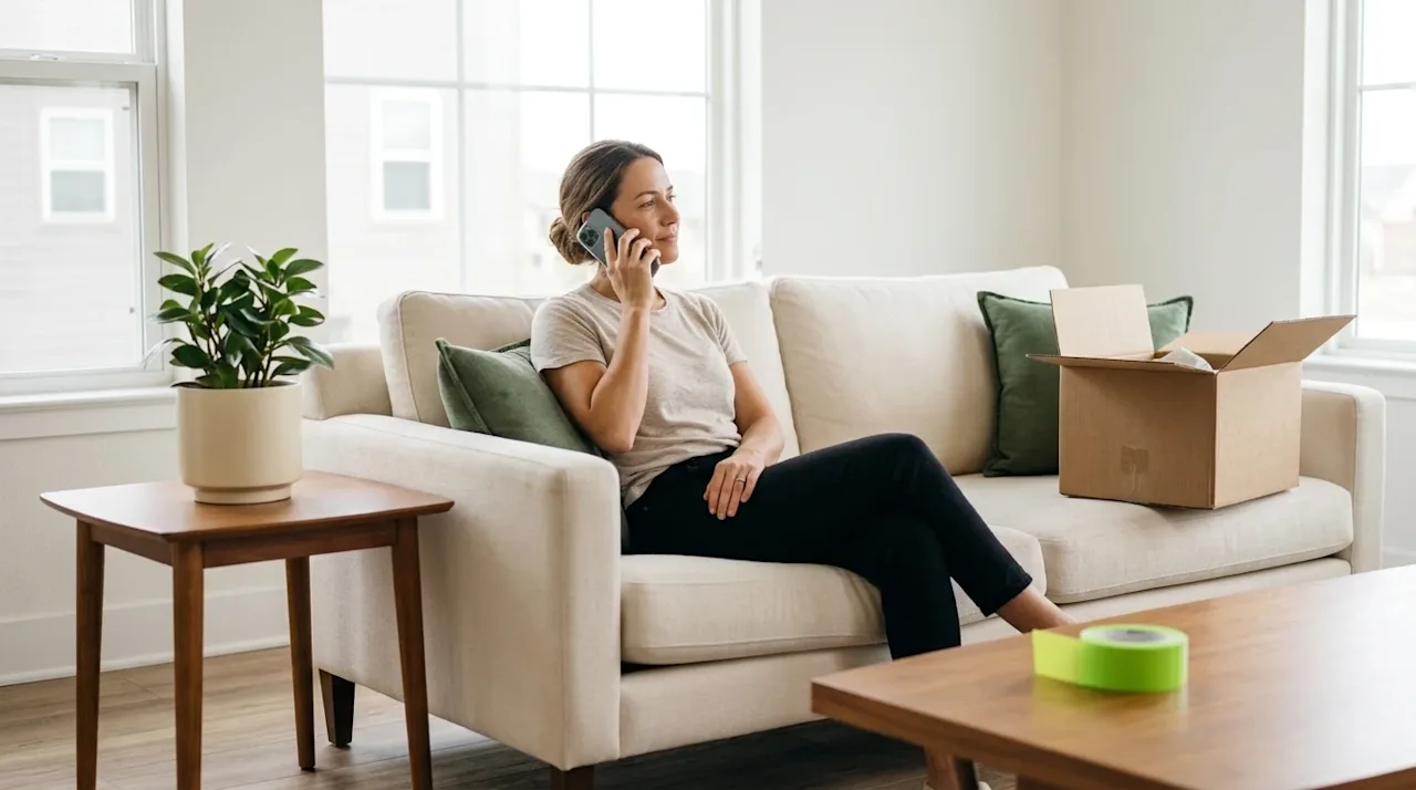 Clear and professional marketing photography of a relaxed person sitting on a plush cream sofa in a modern, sunlit living roo