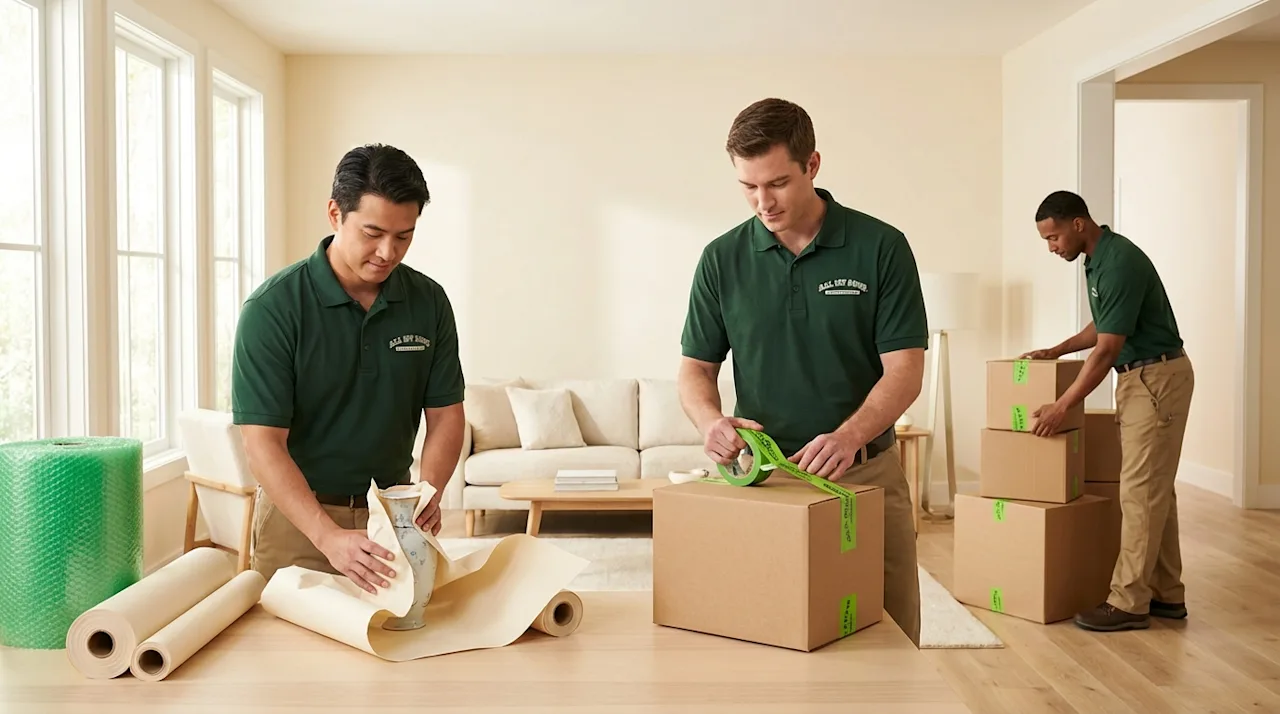 Professional movers in forest green uniforms carefully packing items for All My Sons in a sunlit modern home.