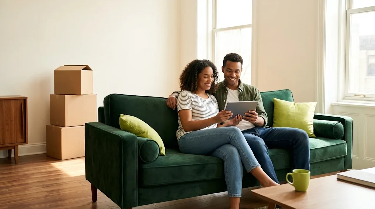 Professional marketing photography of a young couple sitting comfortably on a deep forest green sofa in a bright, cozy rental
