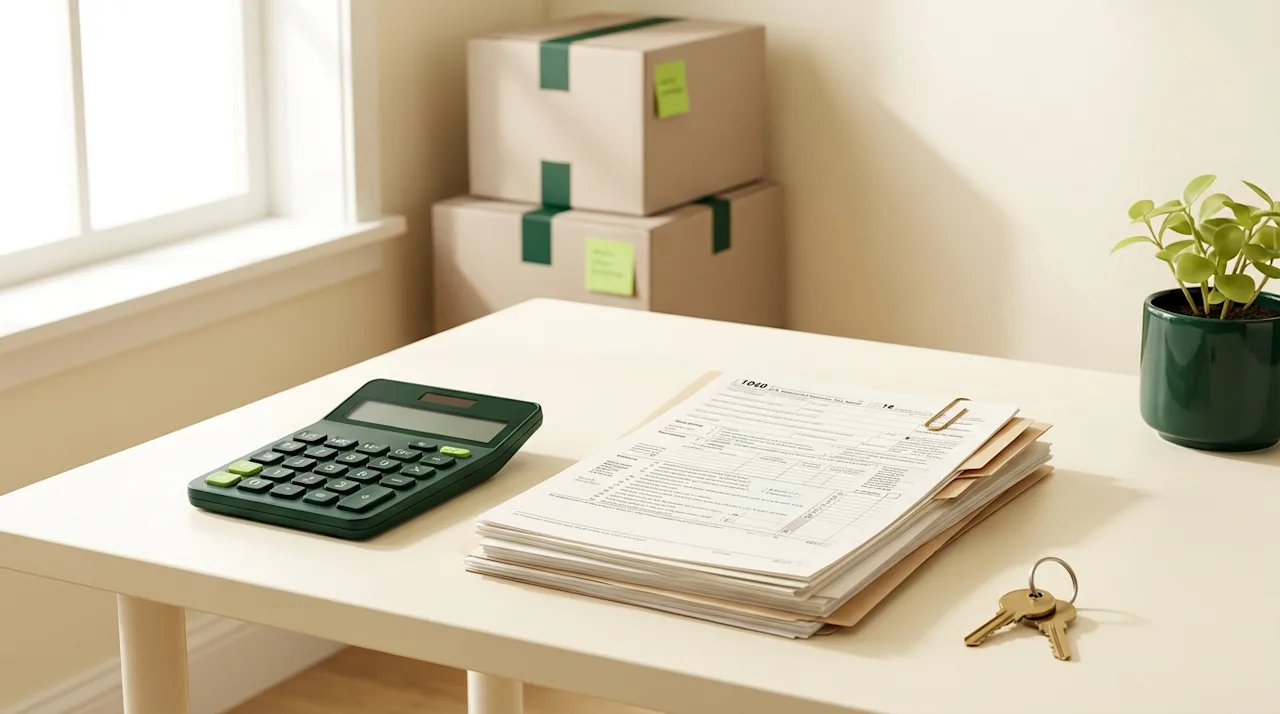 Organized desk with tax forms, calculator, and house keys next to moving boxes for homeowner relocation tax advice.