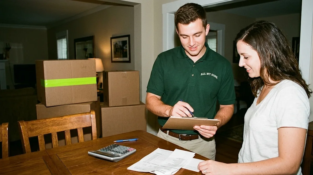 A candid, realistic 35mm film photograph of a friendly moving professional in a dark forest green uniform polo shirt, standin