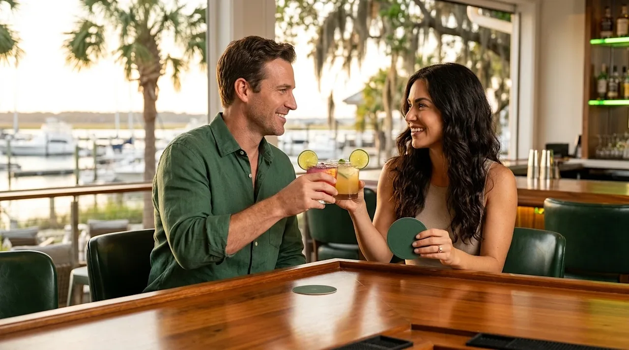 Professional marketing photography of an inviting, upscale coastal bar in Hilton Head at sunset. A happy, relaxed couple is s