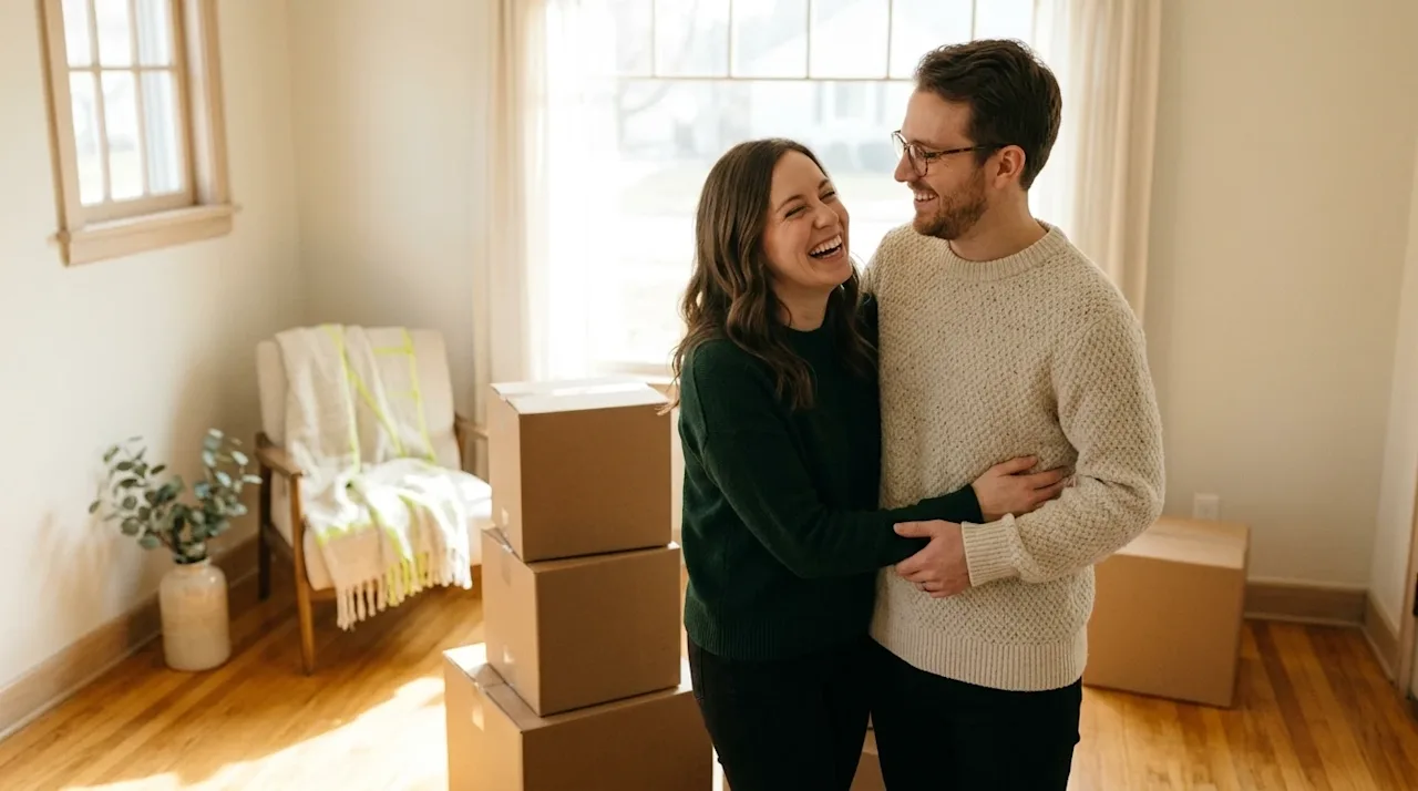 A candid, authentic 35mm film photograph of a happy newlywed couple taking a break from moving into their new midwestern home