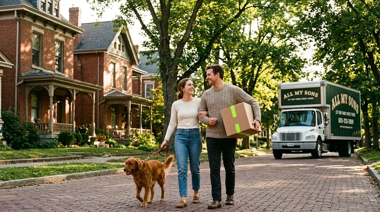 Editorial lifestyle 35mm film photography of a happy couple walking a dog down a charming, historic brick-lined street in a b