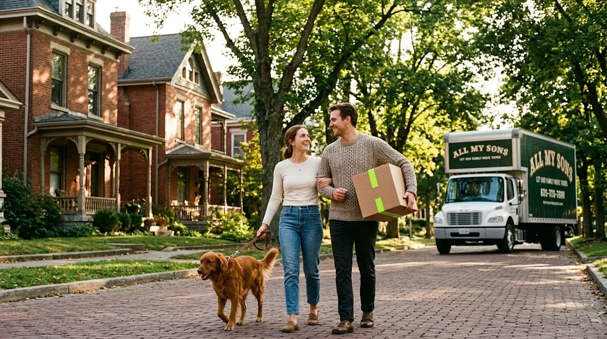 Editorial lifestyle 35mm film photography of a happy couple walking a dog down a charming, historic brick-lined street in a b