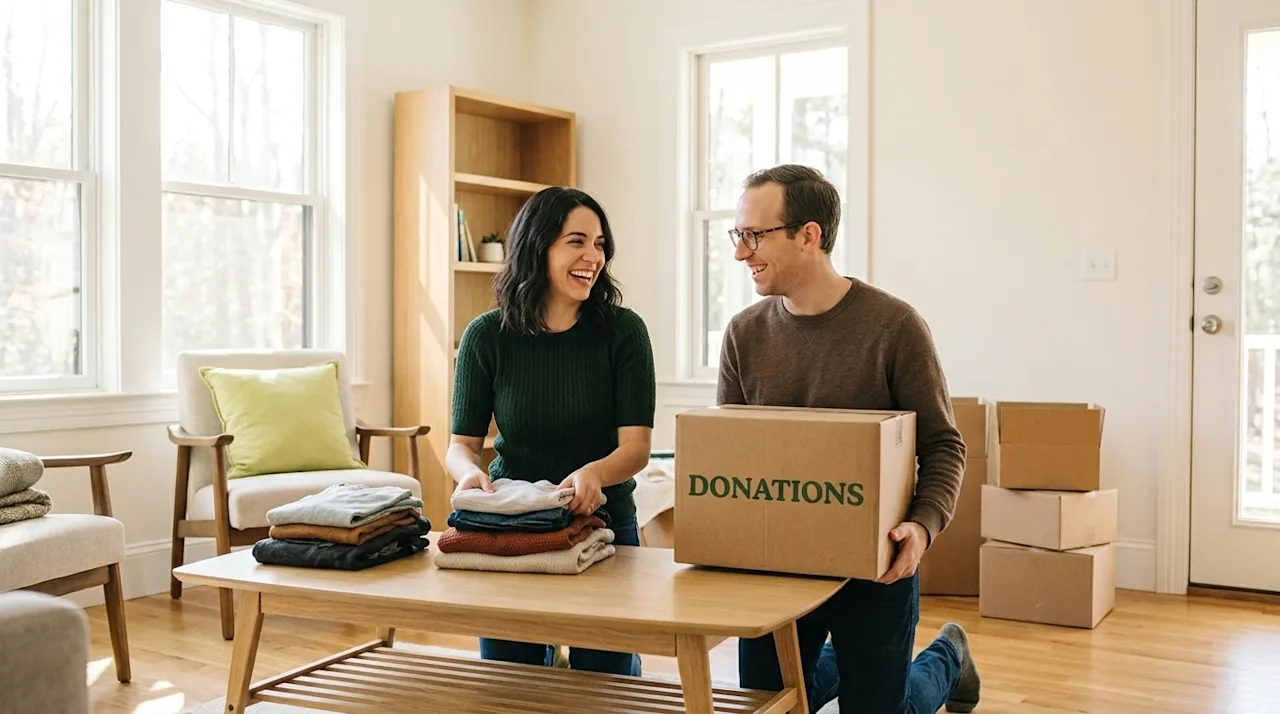 Professional lifestyle marketing photography of a smiling couple in a bright, warm, modern home living room actively declutte