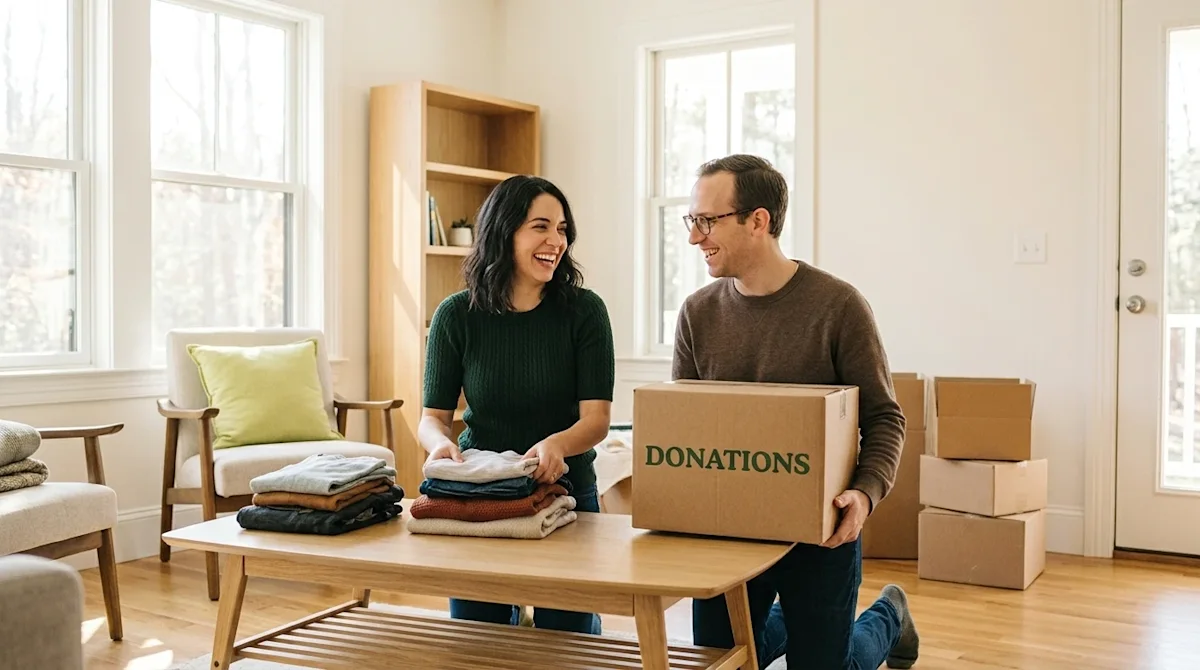 Professional lifestyle marketing photography of a smiling couple in a bright, warm, modern home living room actively declutte