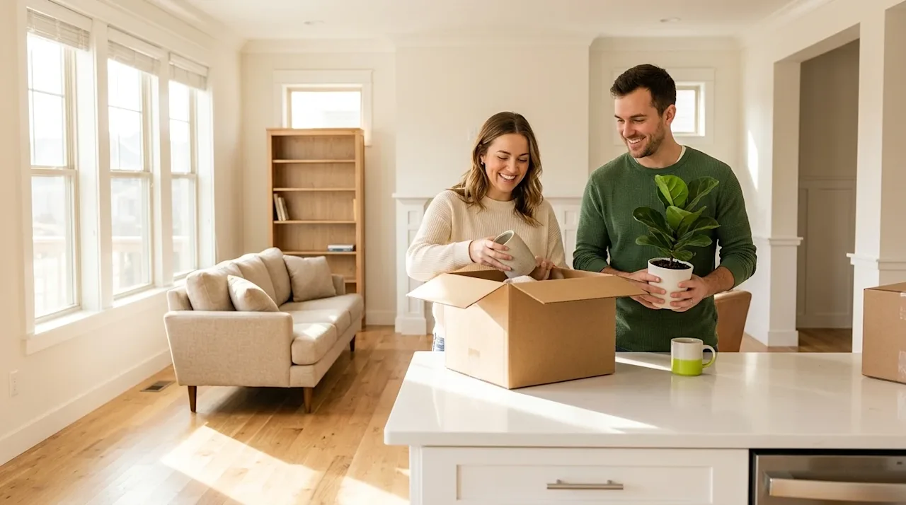 Professional marketing photography of a happy couple standing in the bright, airy living room of their new home, capturing th