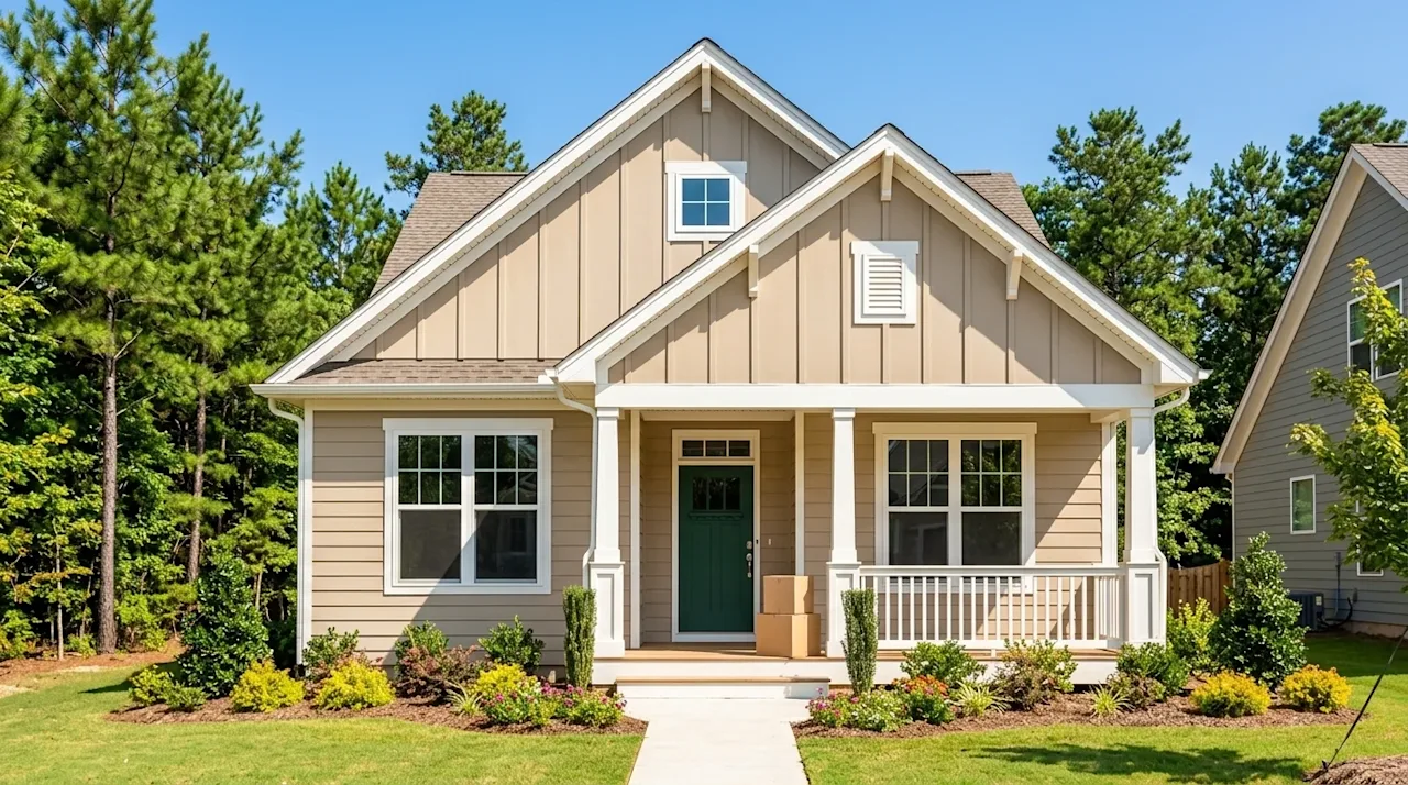 Professional marketing photography of a beautiful, newly constructed modern craftsman-style home in a lush North Carolina sub