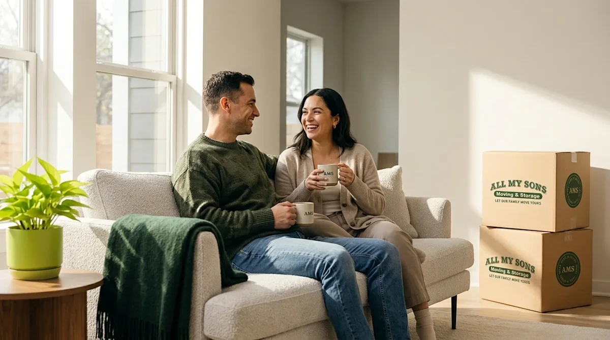 Clear and professional marketing lifestyle photography of a happy, relaxed couple sitting comfortably on a modern sofa in the