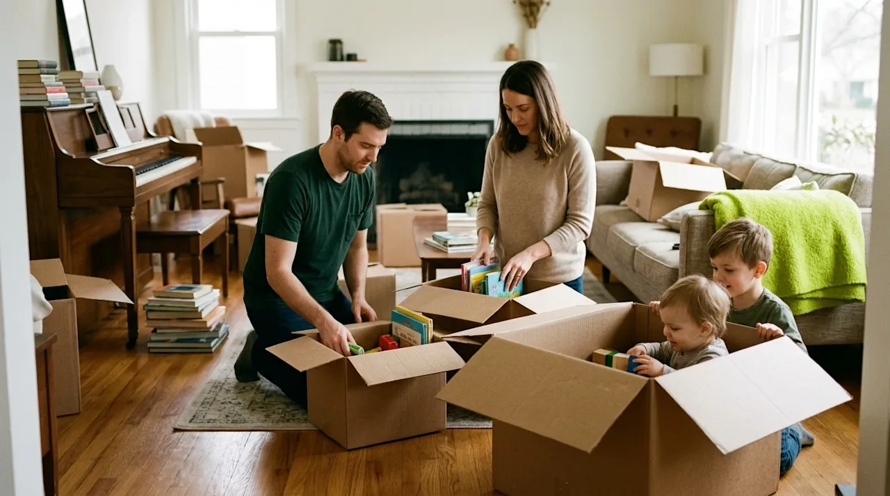 A candid, high-quality lifestyle photograph of a young family in the middle of a move, packing up a bright, naturally lit liv