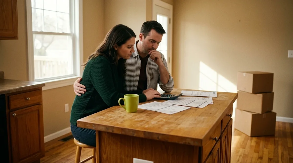 Candid lifestyle photography of a couple sitting at a warm wooden kitchen island, looking thoughtfully over housing documents
