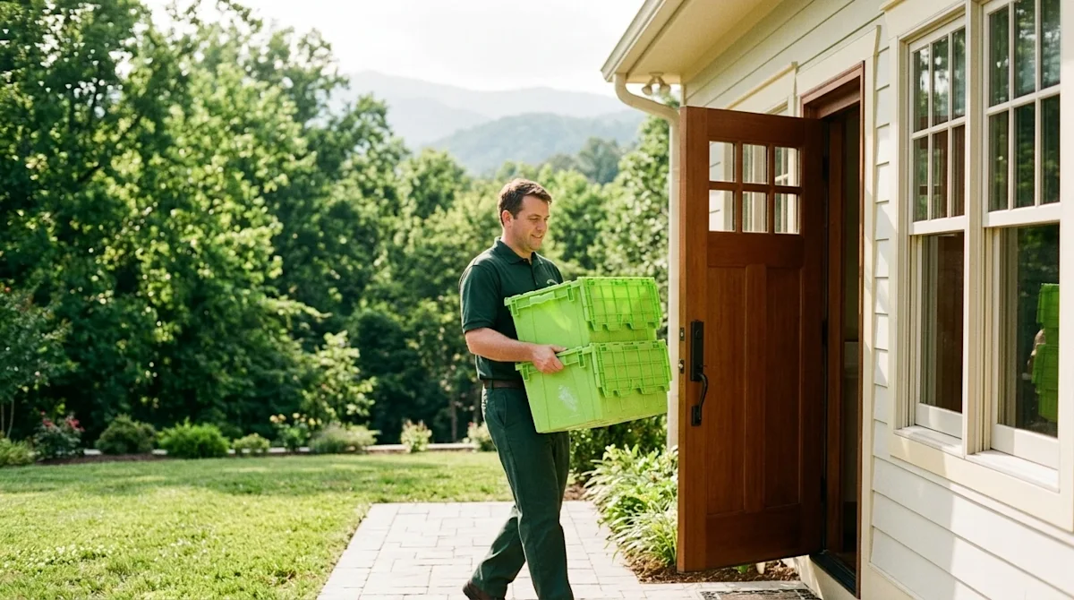 Professional marketing photography, a friendly mover wearing a dark forest green uniform carefully carrying a stack of bright