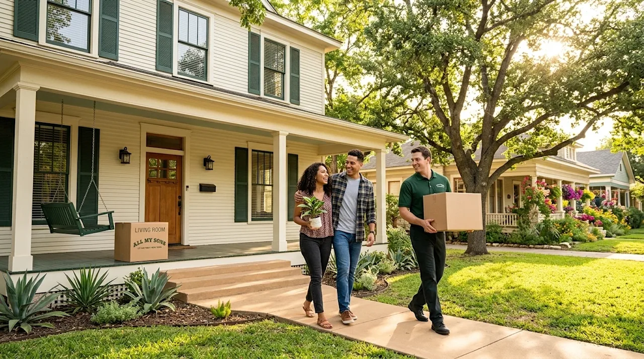 Professional lifestyle marketing photography of a happy young couple moving into a newly renovated historic home in a sunny,