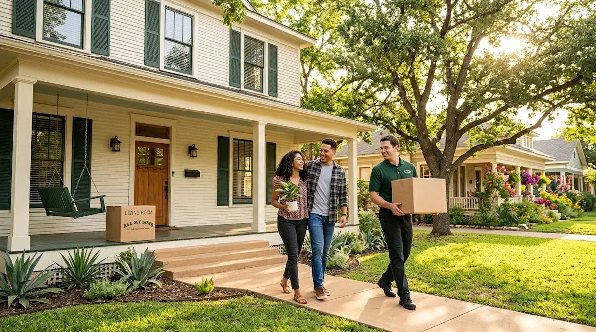 Professional lifestyle marketing photography of a happy young couple moving into a newly renovated historic home in a sunny,