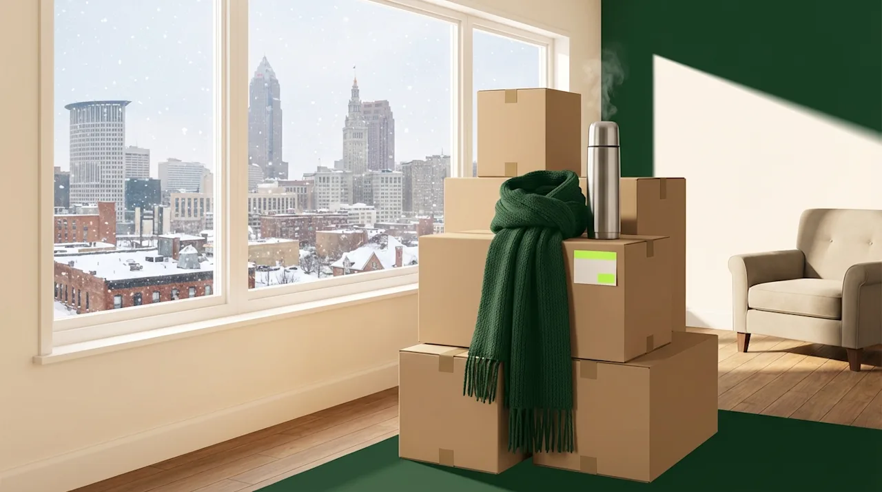 Stack of moving boxes with a green scarf and steaming thermos overlooking a snowy Cleveland cityscape.