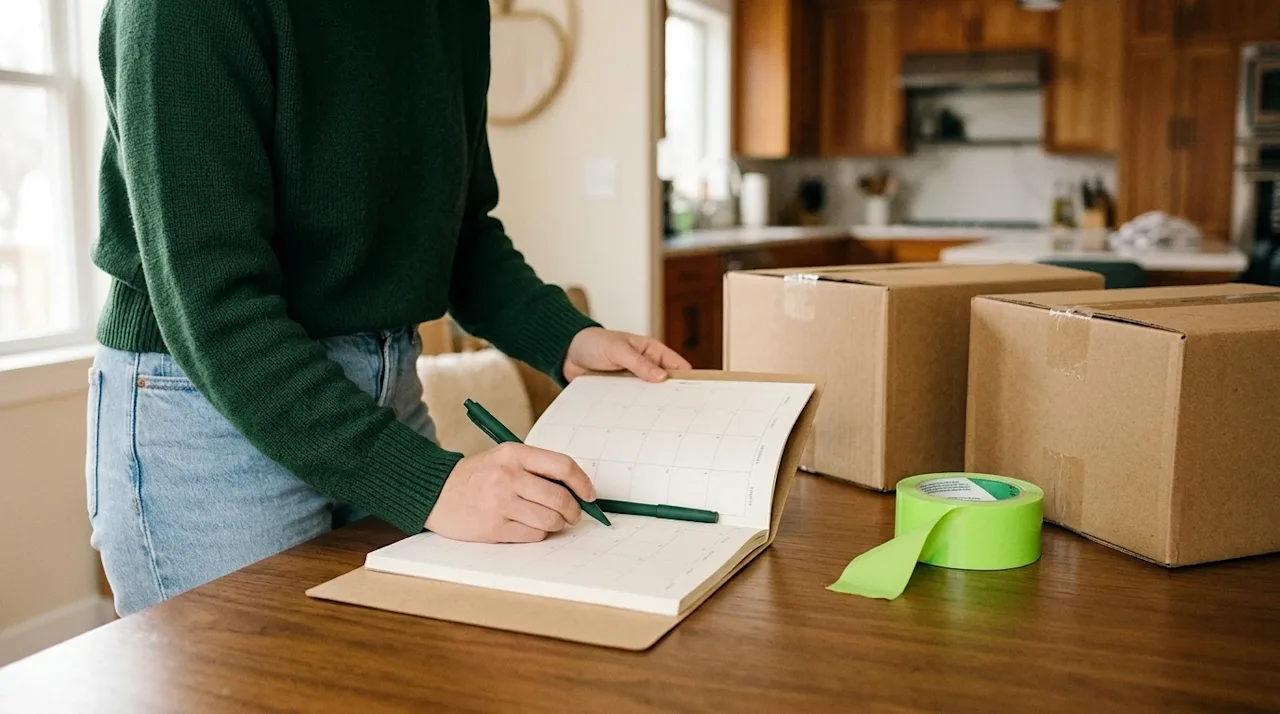 Professional marketing lifestyle photography representing a moving preparation and packing timeline. A warmly lit, inviting h