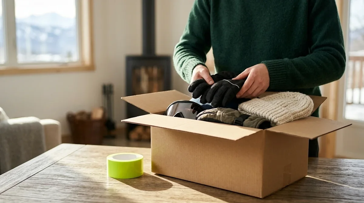Professional marketing photography of a lifestyle scene showing preparation for a first-time ski trip. A person wearing a dee