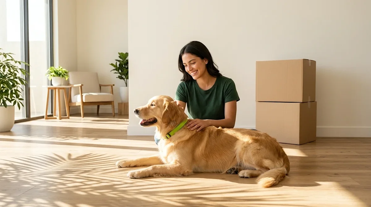 Professional marketing lifestyle photography of a happy young woman sitting on the floor of a bright, sunlit modern living ro