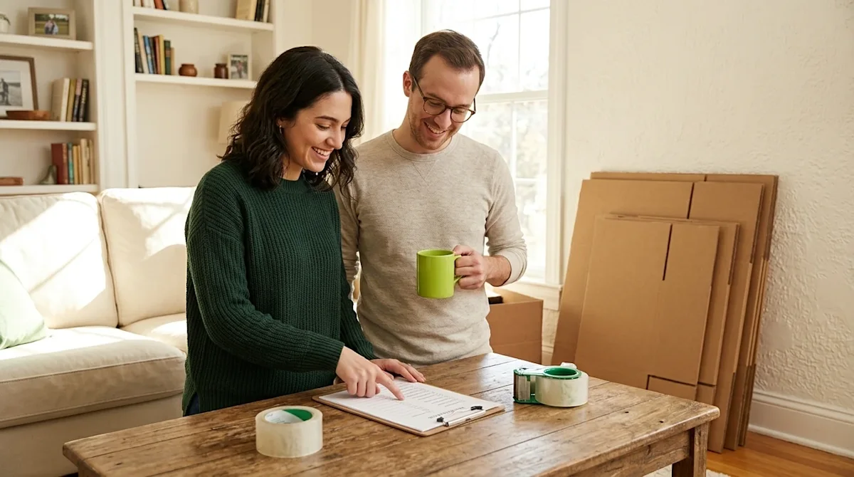 Clear, professional lifestyle marketing photography of a young couple in a bright, cozy living room, preparing for an upcomin