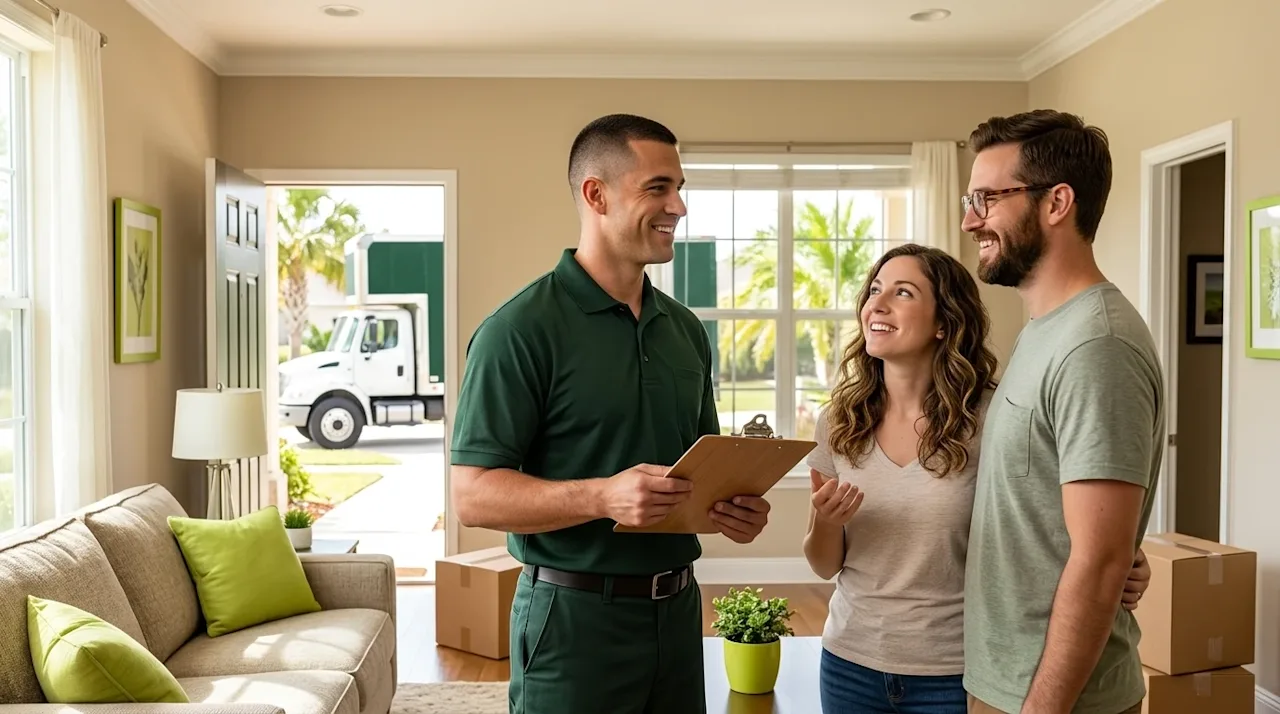 Professional lifestyle marketing photography of a friendly, professional mover in a dark forest green uniform polo shirt havi
