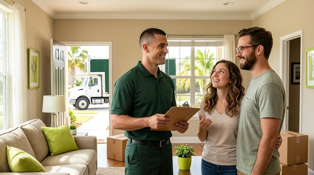 Professional lifestyle marketing photography of a friendly, professional mover in a dark forest green uniform polo shirt havi